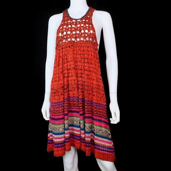 Free People Rare Hearts Tunic Top Knit Mini Dress Crochet Boho Women's Medium - Picture 3 of 6